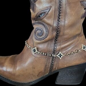 Western Cowboy Boots Jewelry Gold Chain Faux Diamond & Black Stones Southwestern